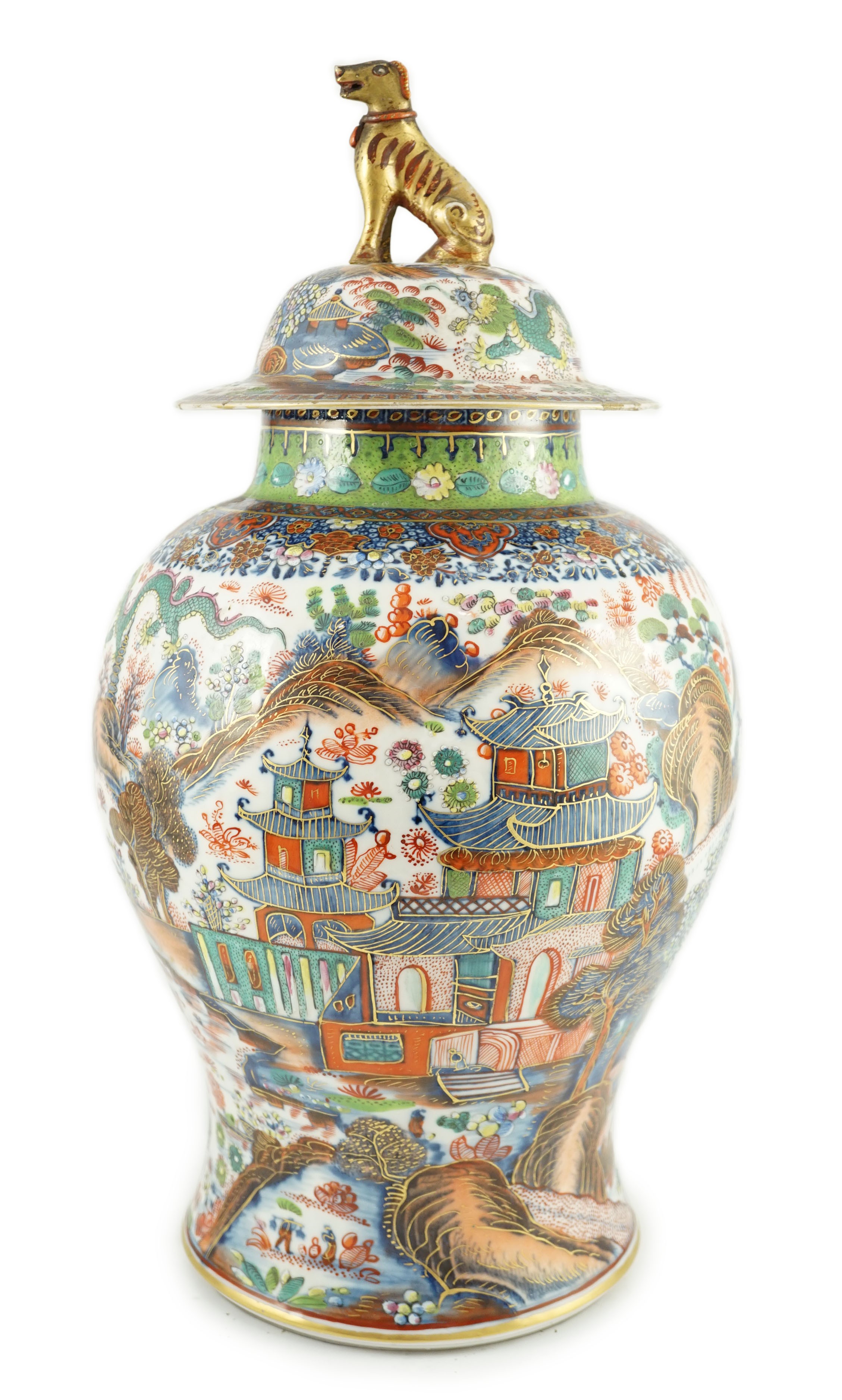 A Chinese clobbered blue and white vase and cover, 18th/19th century, 47cm high